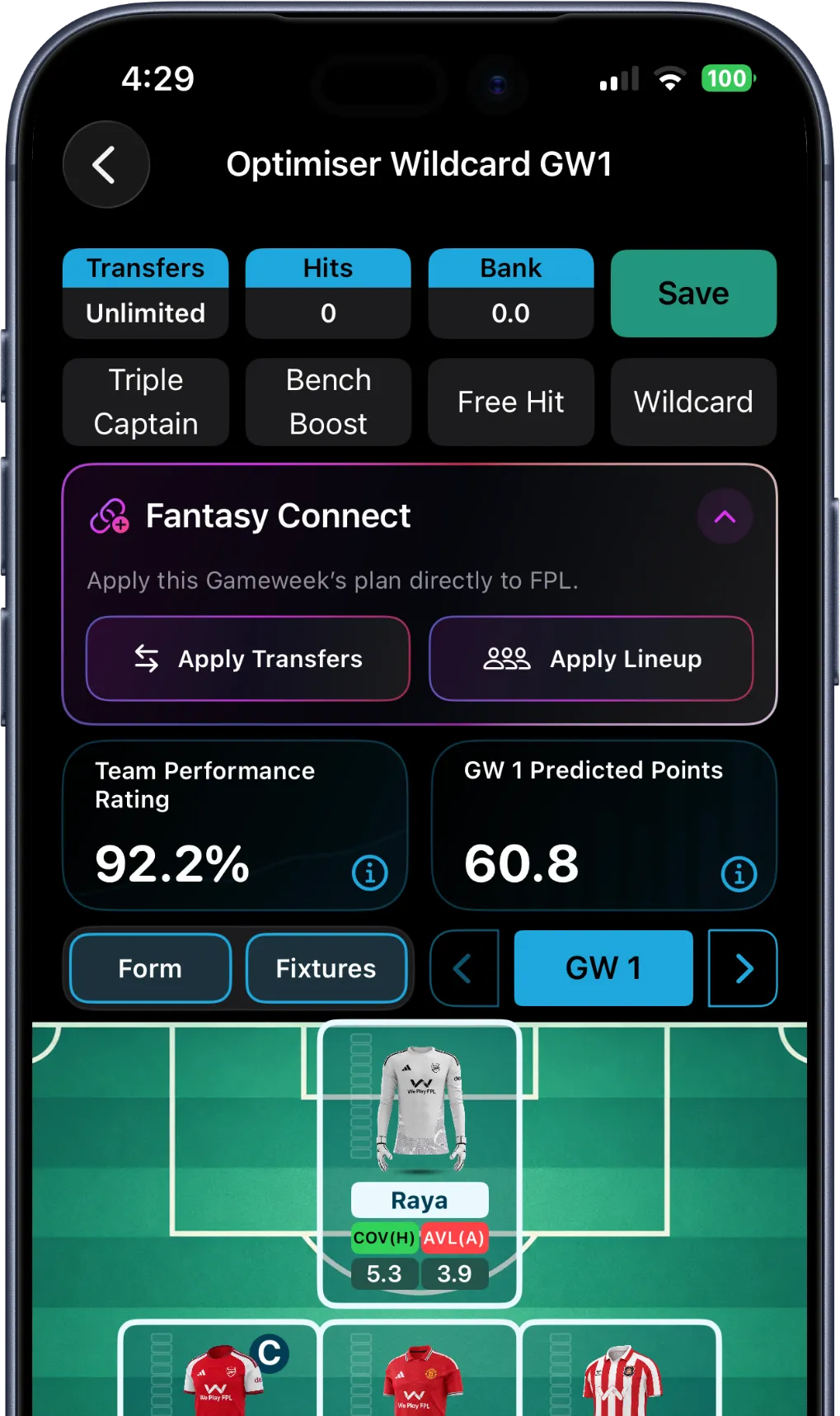 Fantasy Connect controls within an AI Team Optimiser squad on iPhone