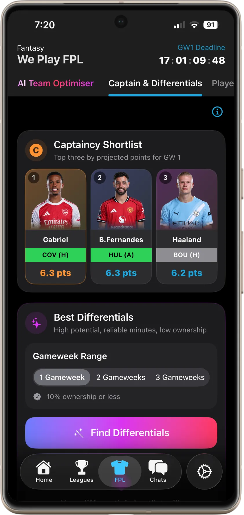 Captaincy shortlist and differential finder displayed in We Play FPL on Android