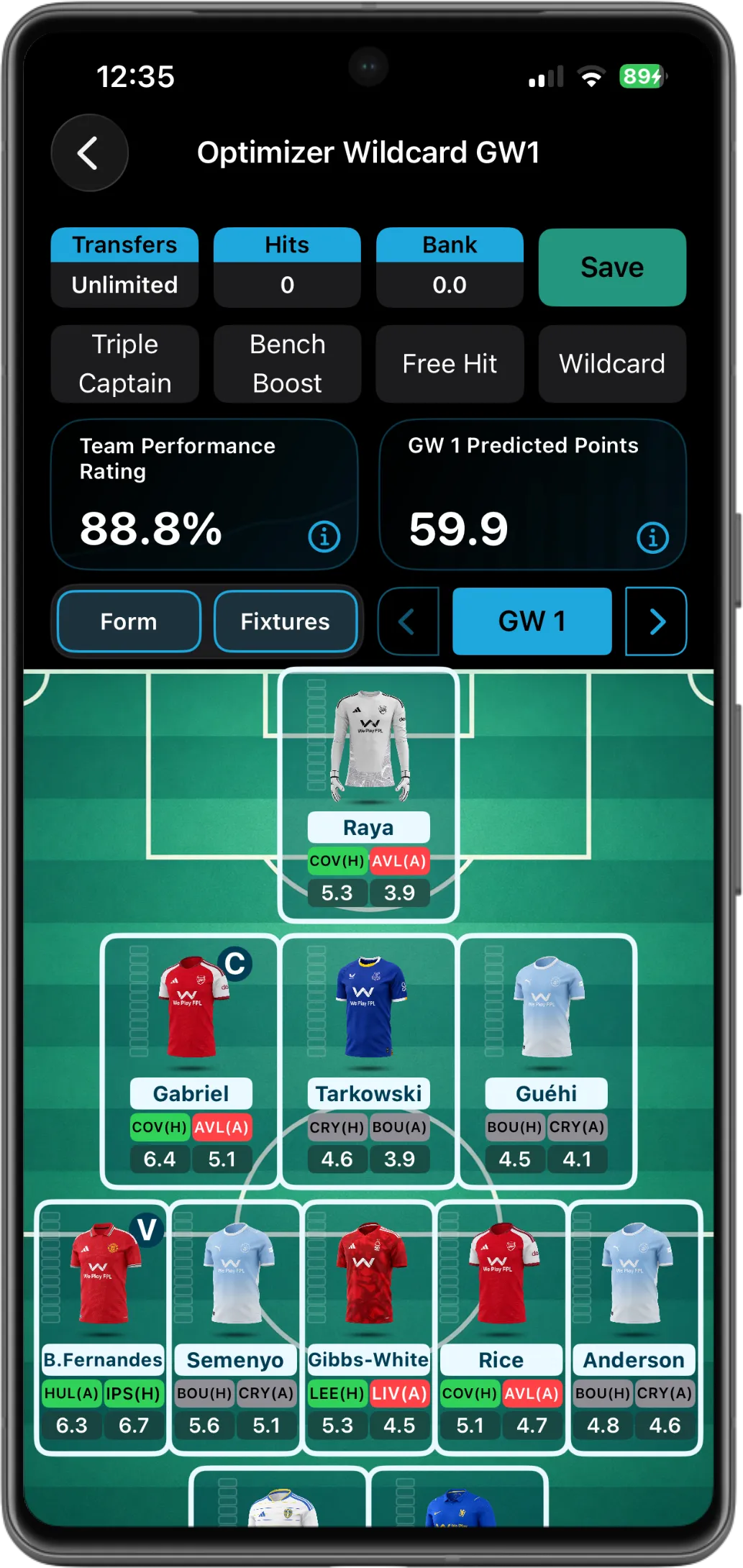 We Play FPL 5.0 AI Team Optimiser squad on Android