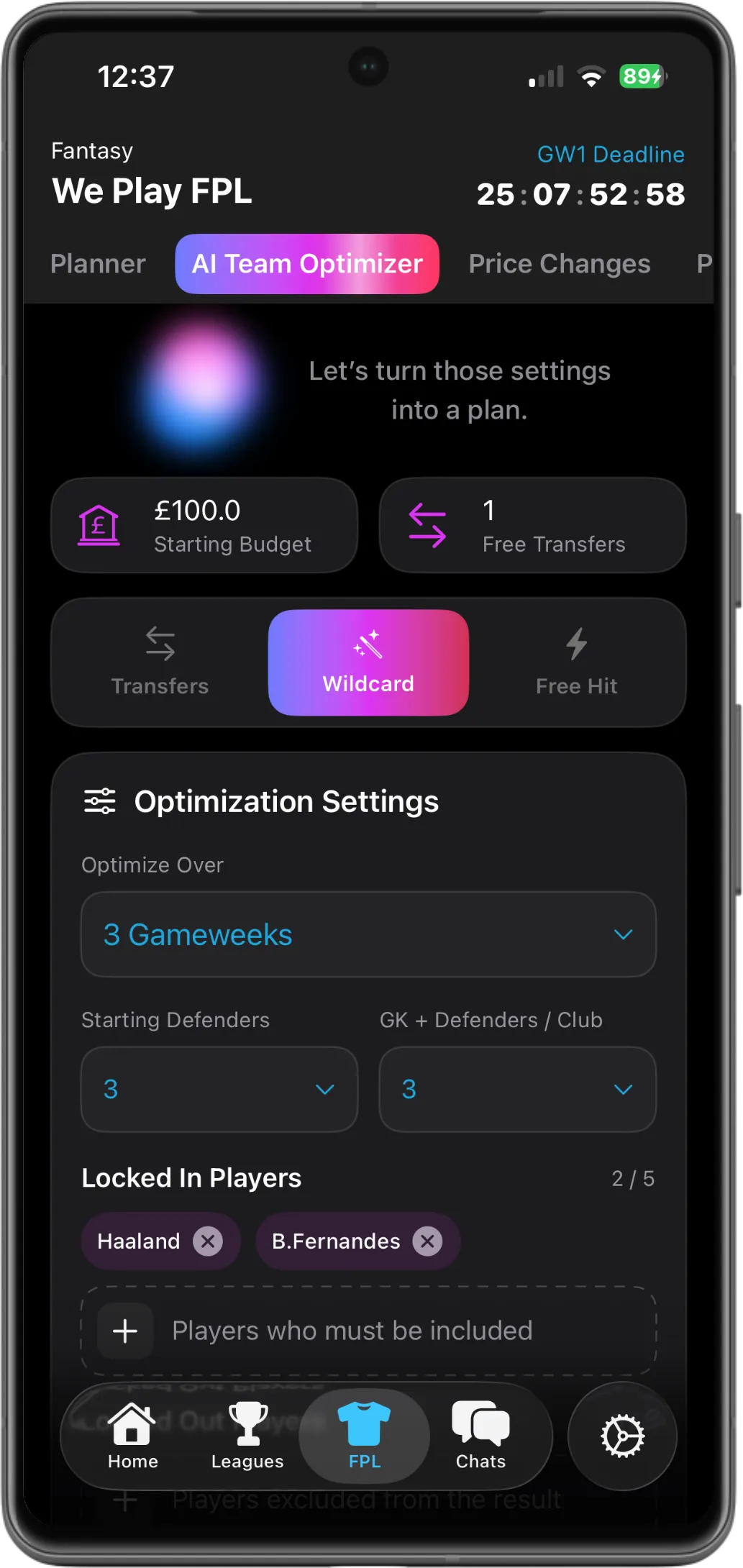 AI Team Optimiser controls for budget, transfers and locked players on Android