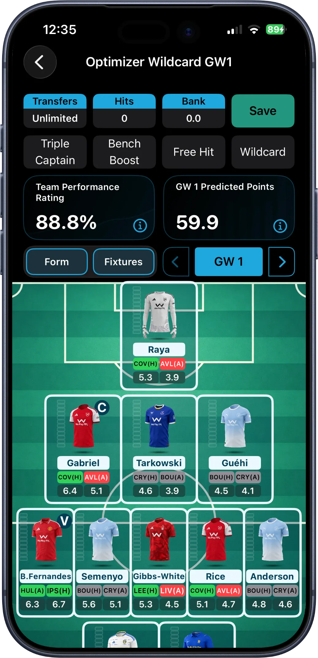 AI Team Optimiser recommended squad on iPhone