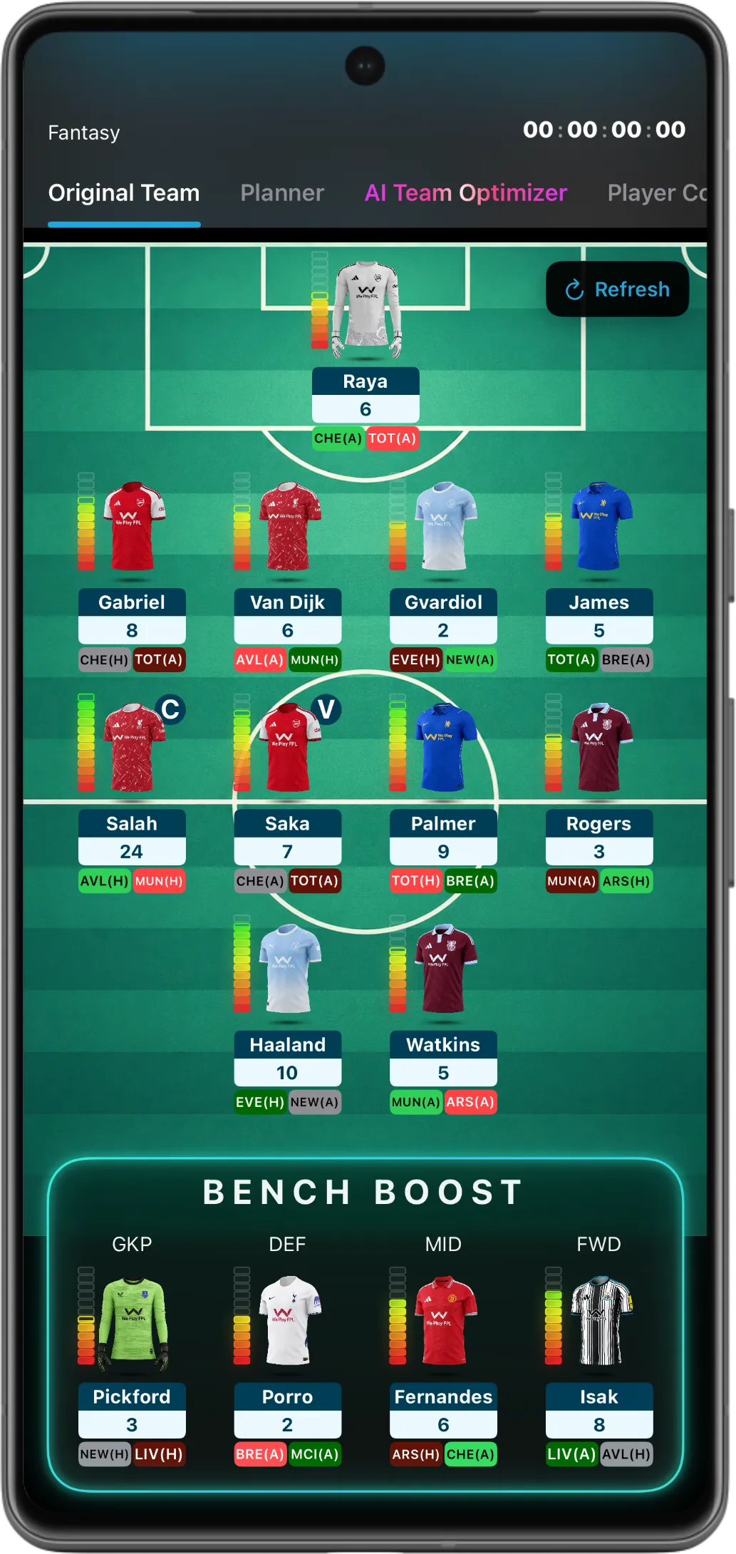 A planned FPL squad and bench displayed across a future gameweek in We Play FPL