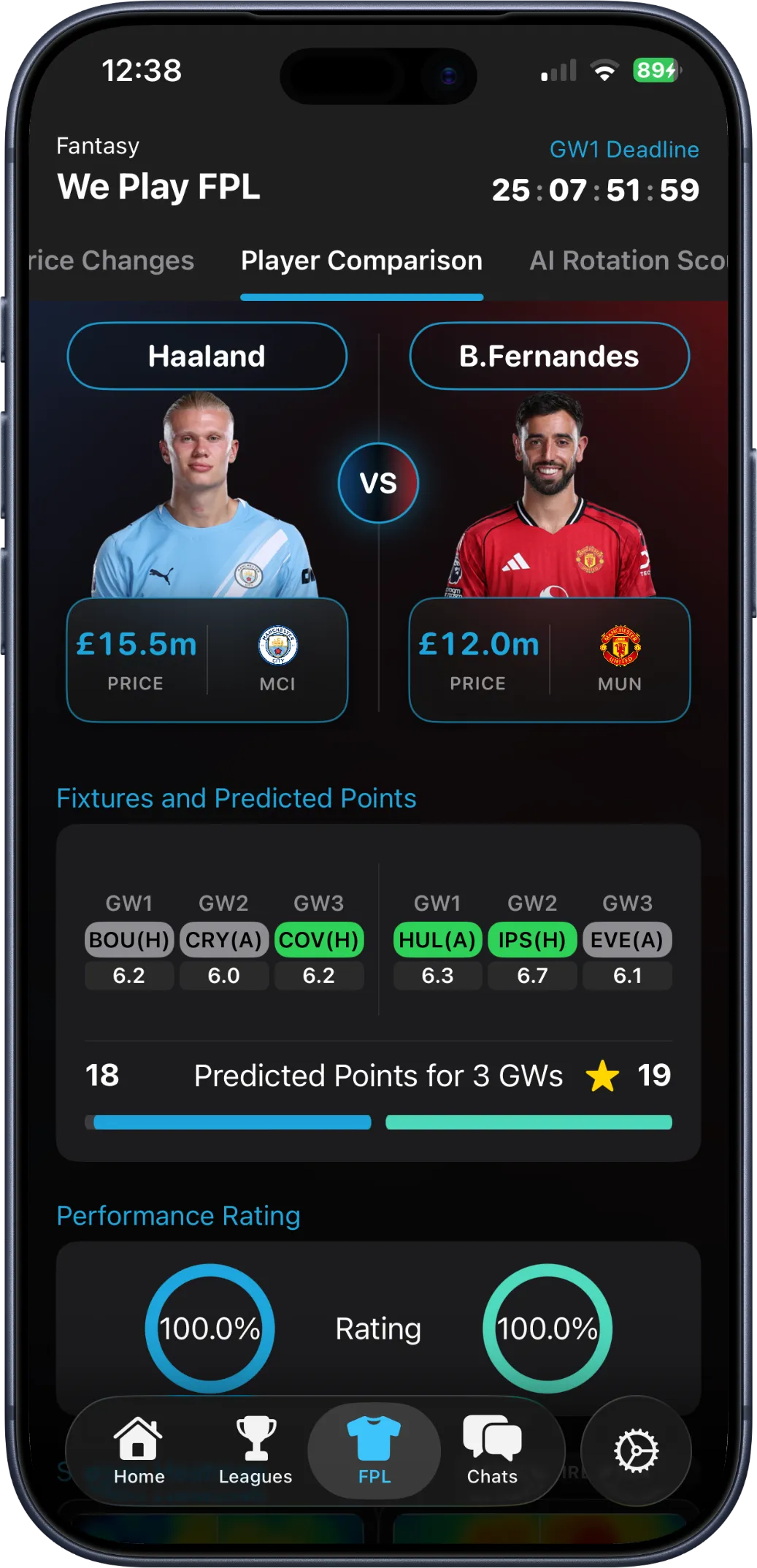 FPL player comparison between two midfielders with fixtures and predicted points on iPhone