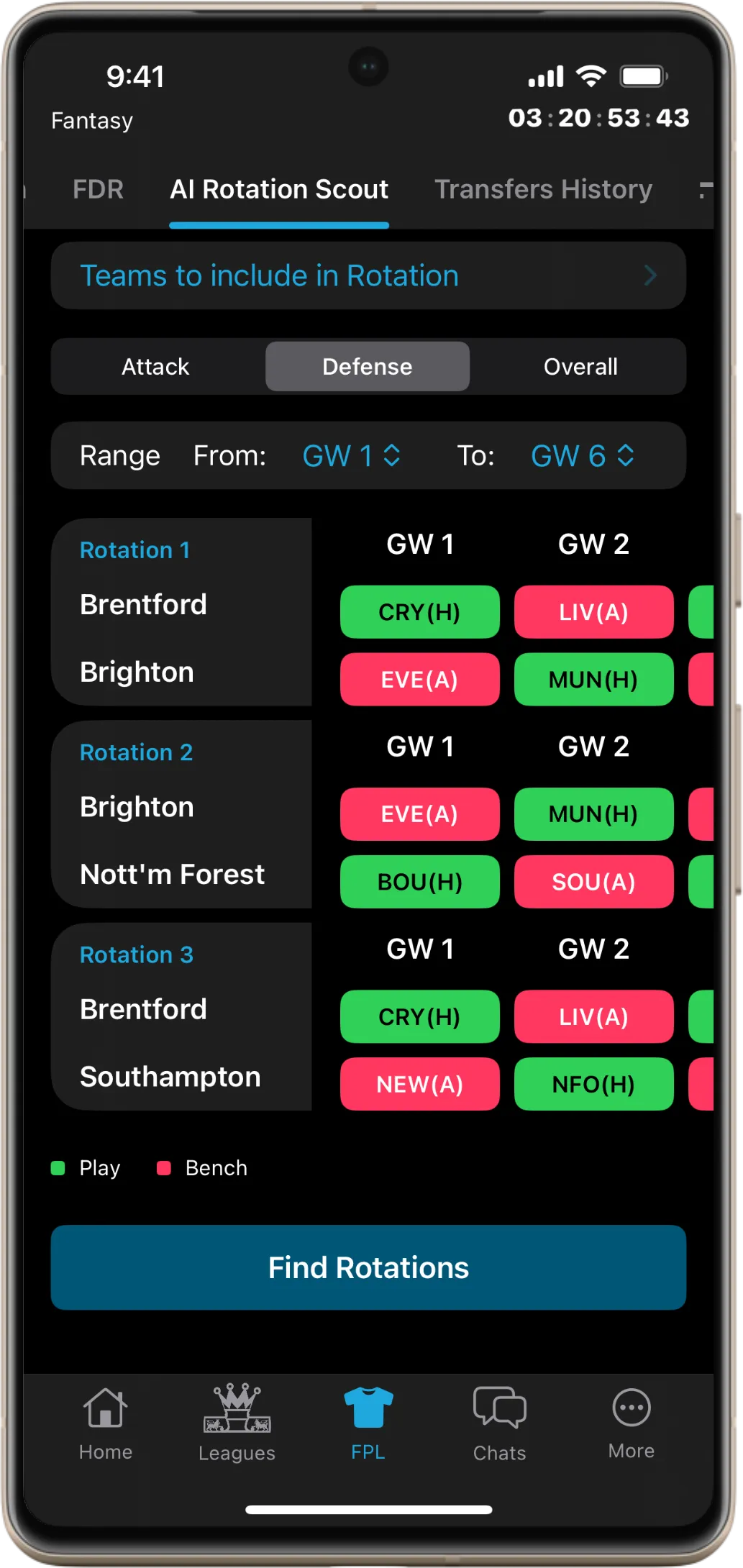AI Rotation Scout showing complementary club fixtures on Android