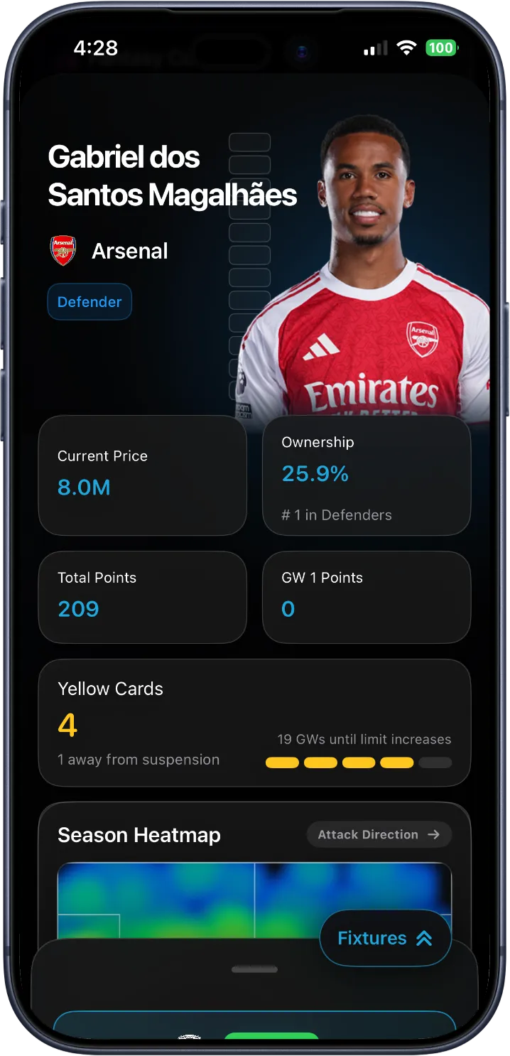 Player profile with yellow-card total and suspension-risk progress on iPhone